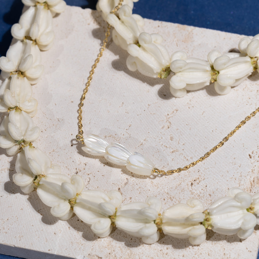 14K Gold Plated 925 Sterling Silver Mother of Pearl Pikake Flower Bud Triple Necklace