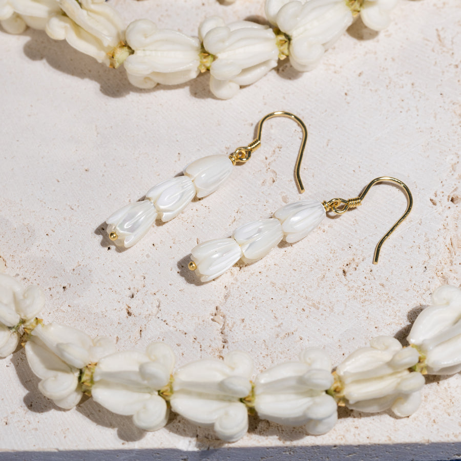 14K Gold Plated 925 Sterling Silver Mother of Pearl Pikake Flower Bud Triple Drop Earring