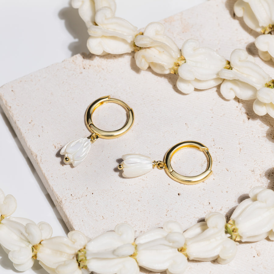 14K Gold Plated 925 Sterling Silver Mother of Pearl Pikake Flower Bud Huggie Hoop Earrings