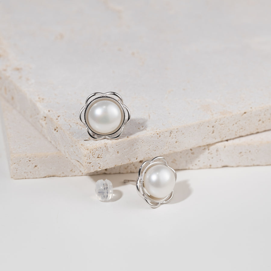 925 Sterling Silver Natural Freshwater Pearl Flower Cutout Earrings