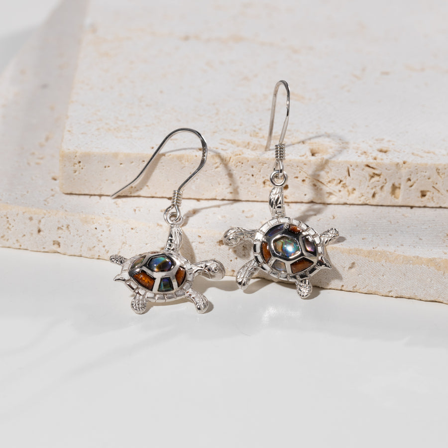 Sterling Silver Koa Wood and Abalone Shell Hawaiian Mauka to Makai Turtle Dangle Hook Earrings