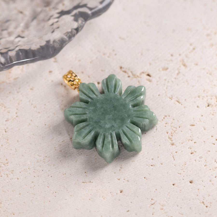 18K Solid Yellow Gold Natural Green Jade Filipino Micro Sun Pendant