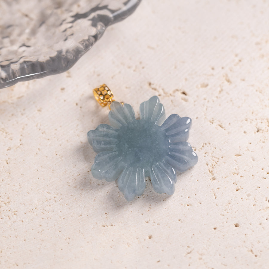 18K Solid Yellow Gold Natural Blue Jade Filipino Micro Sun Pendant