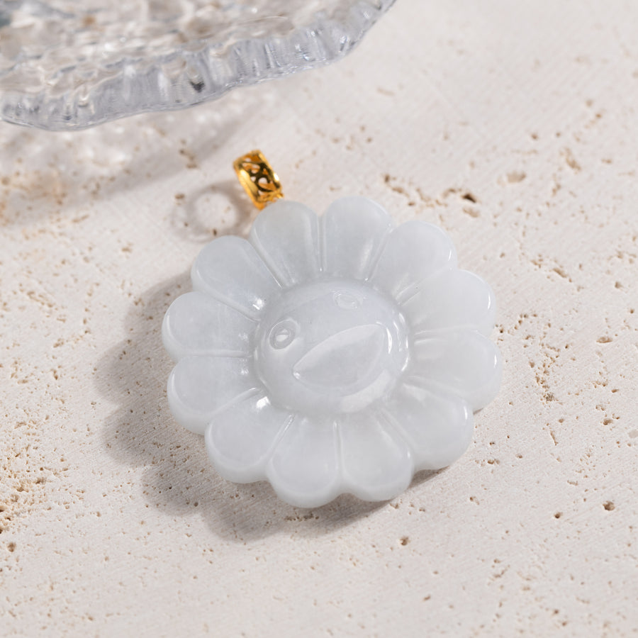 18K Solid Yellow Gold Natural White Jade Smiling Flower Pendant