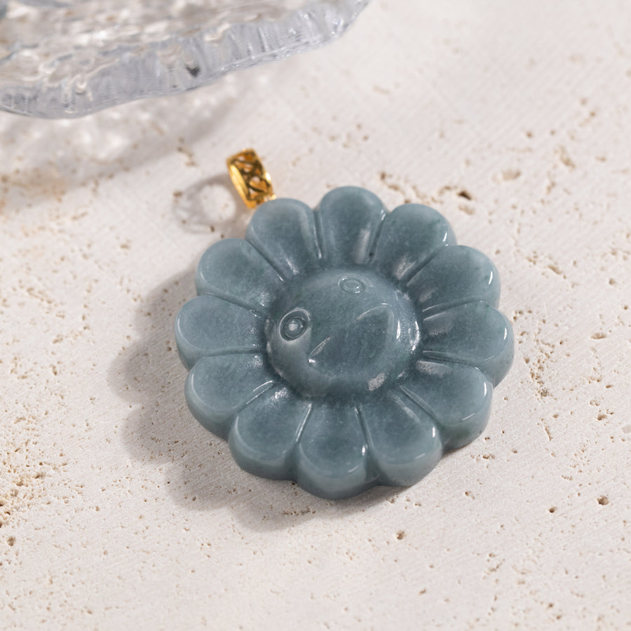 18K Solid Yellow Gold Natural Blue Jade Smiling Flower Pendant