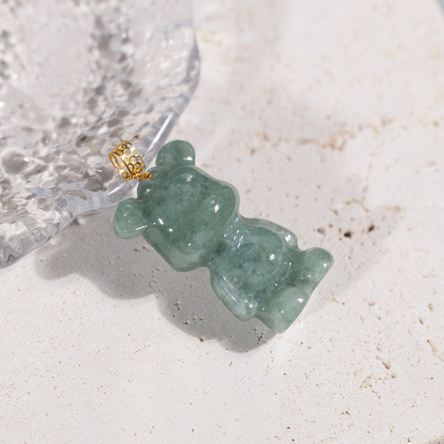 18K Solid Yellow Gold Natural Green Jade Teddy Bear Pendant