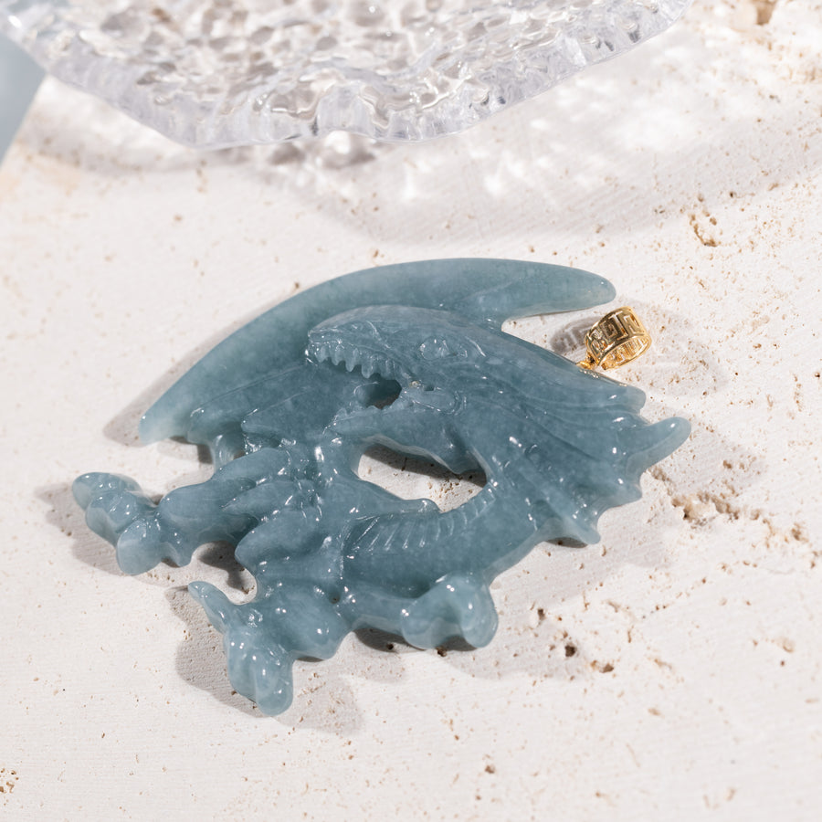 18K Solid Yellow Gold Natural Blue Jade Anime Dragon Pendant