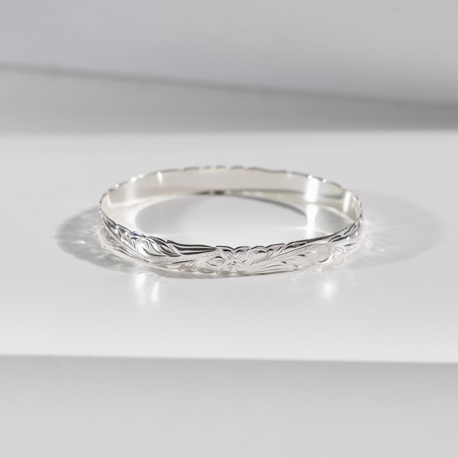 925 Sterling Silver 8mm Hawaiian Heirloom Princess Scroll Plumeria Flower Cut Out Bangle
