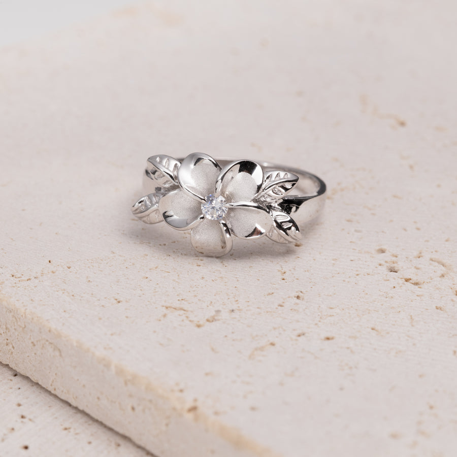 925 Sterling Silver Hawaiian Plumeria Flower Maile Leaf Cubic Zirconia Ring