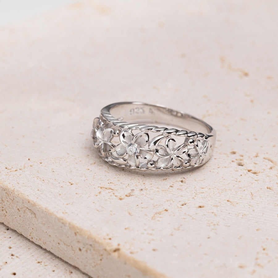 925 Sterling Silver Hawaiian Plumeria Flower Cubic Zirconia Cutout Floral Filigree Ring