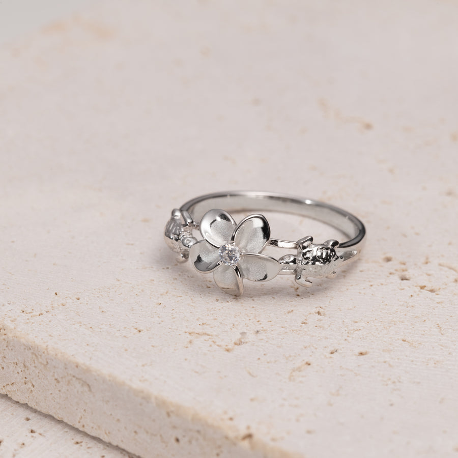 925 Sterling Silver Hawaiian Plumeria Flower Two Turtle Cubic Zirconia Ring