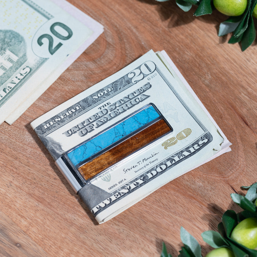 Premium Koa Wood and Turquoise Gemstone Stainless Steel Money Clip