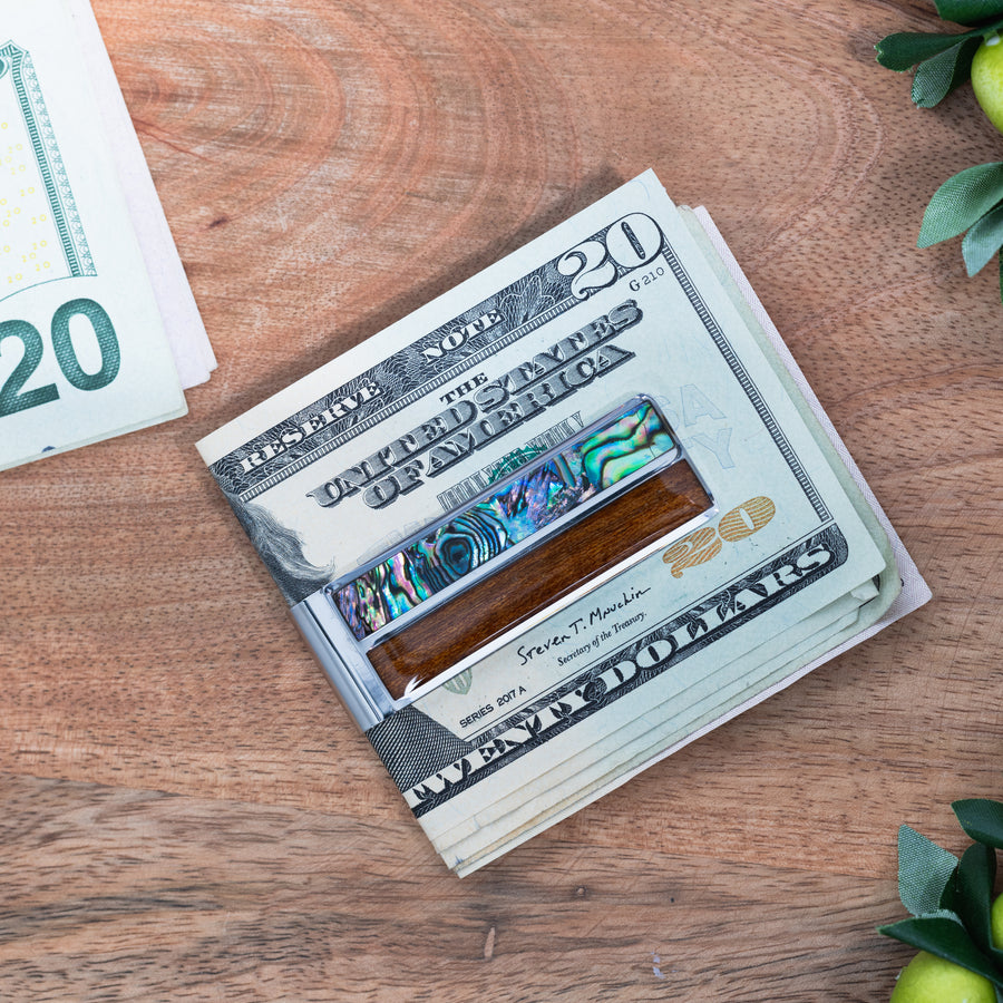 Premium Koa Wood and Abalone Shell Stainless Steel Money Clip