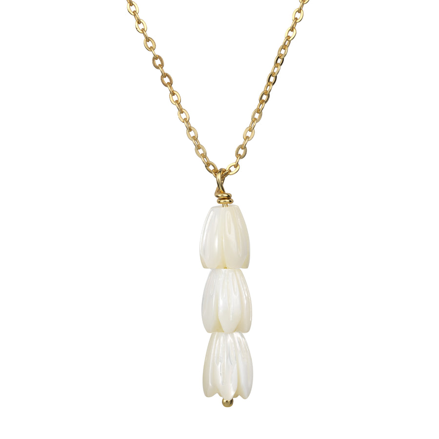 14K Gold Plated 925 Sterling Silver Mother of Pearl Pikake Flower Bud Triple Drop Necklace
