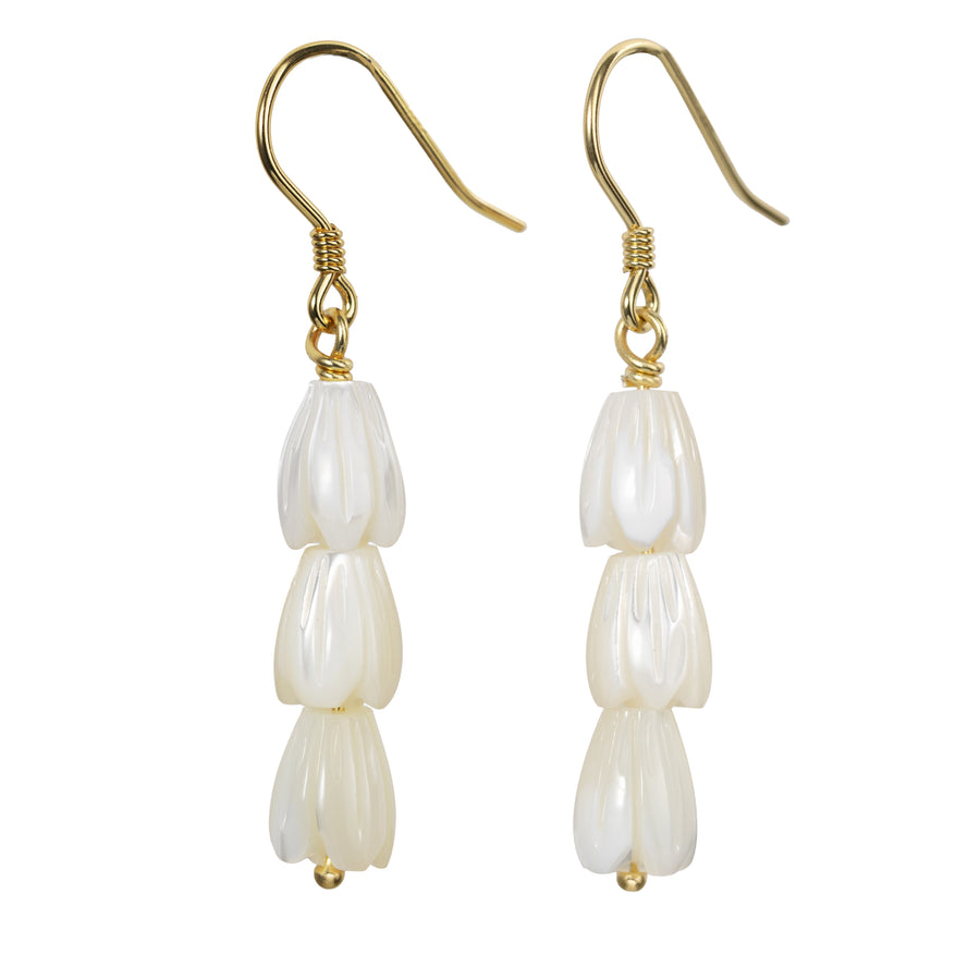 14K Gold Plated 925 Sterling Silver Mother of Pearl Pikake Flower Bud Triple Drop Earring