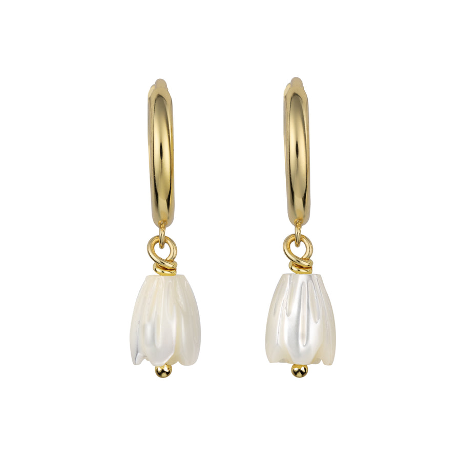 14K Gold Plated 925 Sterling Silver Mother of Pearl Pikake Flower Bud Huggie Hoop Earrings