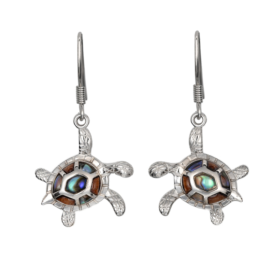 Sterling Silver Koa Wood and Abalone Shell Hawaiian Mauka to Makai Turtle Dangle Hook Earrings