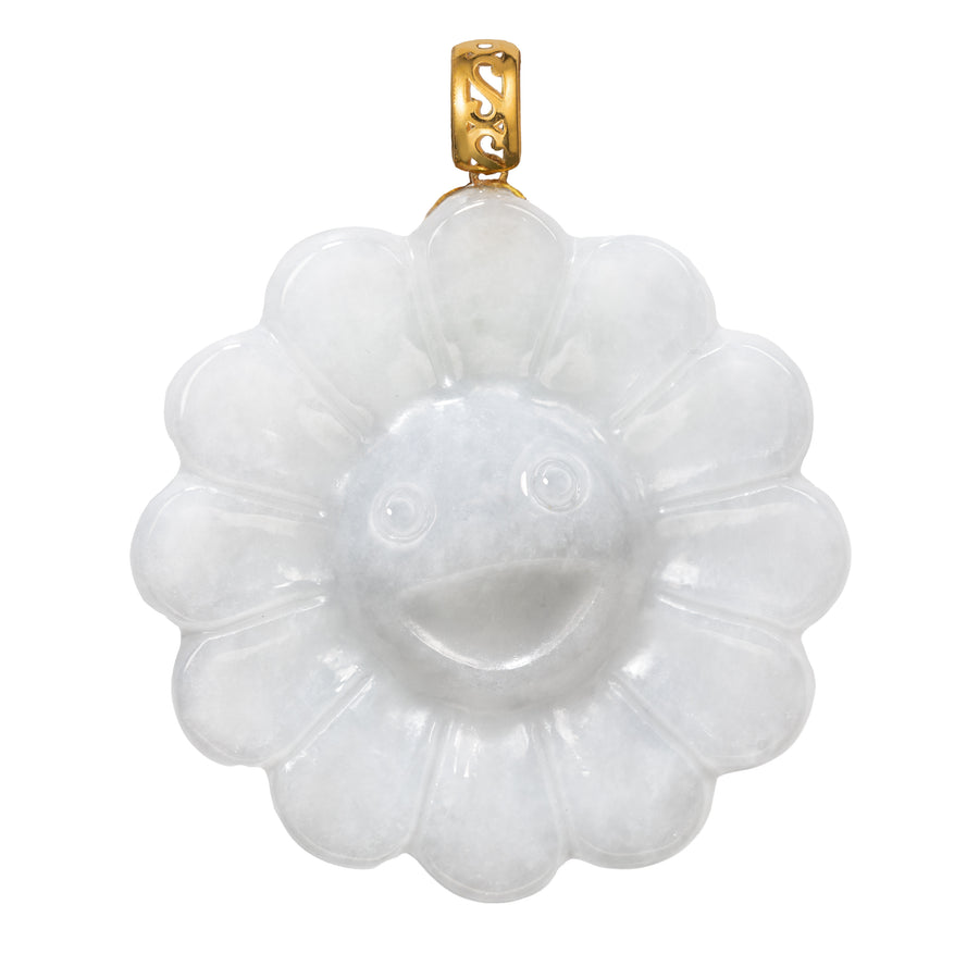 18K Solid Yellow Gold Natural White Jade Smiling Flower Pendant