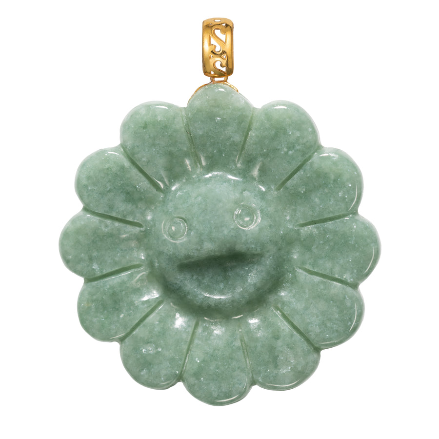 18K Solid Yellow Gold Natural Green Jade Smiling Flower Pendant
