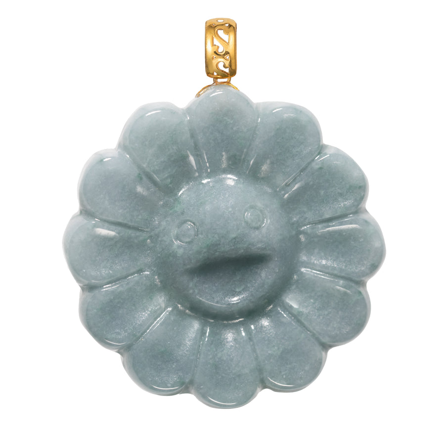 18K Solid Yellow Gold Natural Blue Jade Smiling Flower Pendant