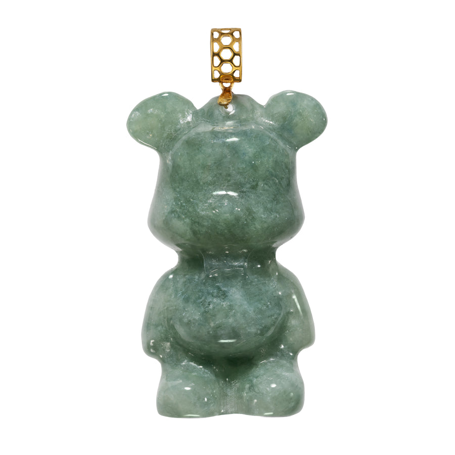 18K Solid Yellow Gold Natural Green Jade Teddy Bear Pendant