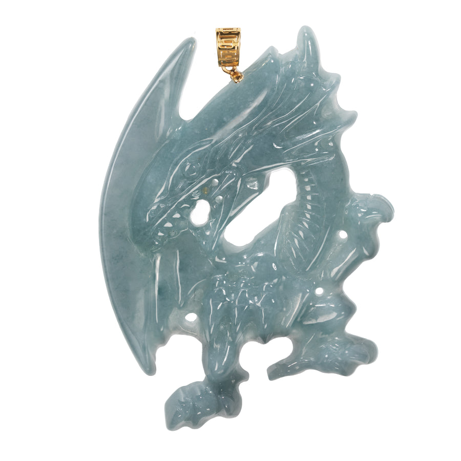18K Solid Yellow Gold Natural Blue Jade Anime Dragon Pendant