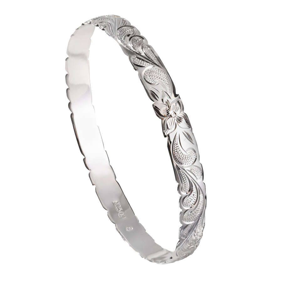 925 Sterling Silver 8mm Hawaiian Heirloom Queen Scroll Plumeria Flower Cut Out Bangle