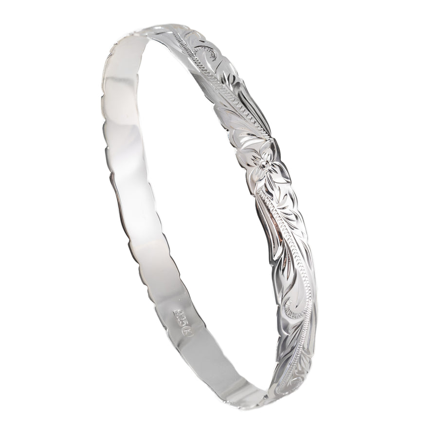 925 Sterling Silver 8mm Hawaiian Heirloom Princess Scroll Plumeria Flower Cut Out Bangle