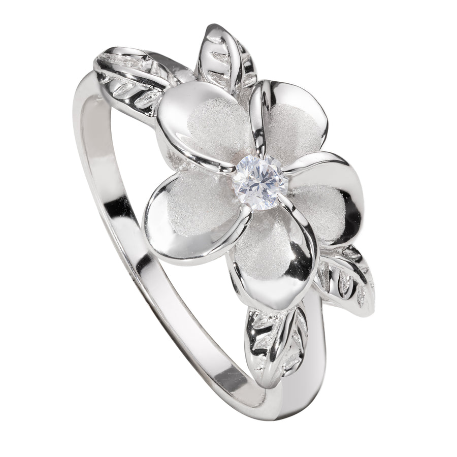 925 Sterling Silver Hawaiian Plumeria Flower Maile Leaf Cubic Zirconia Ring