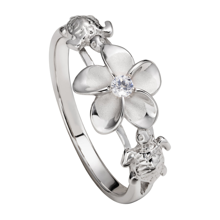 925 Sterling Silver Hawaiian Plumeria Flower Two Turtle Cubic Zirconia Ring