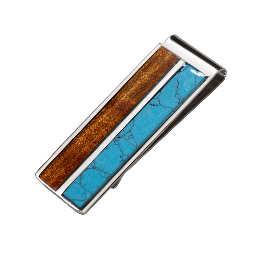 Premium Koa Wood and Turquoise Gemstone Stainless Steel Money Clip