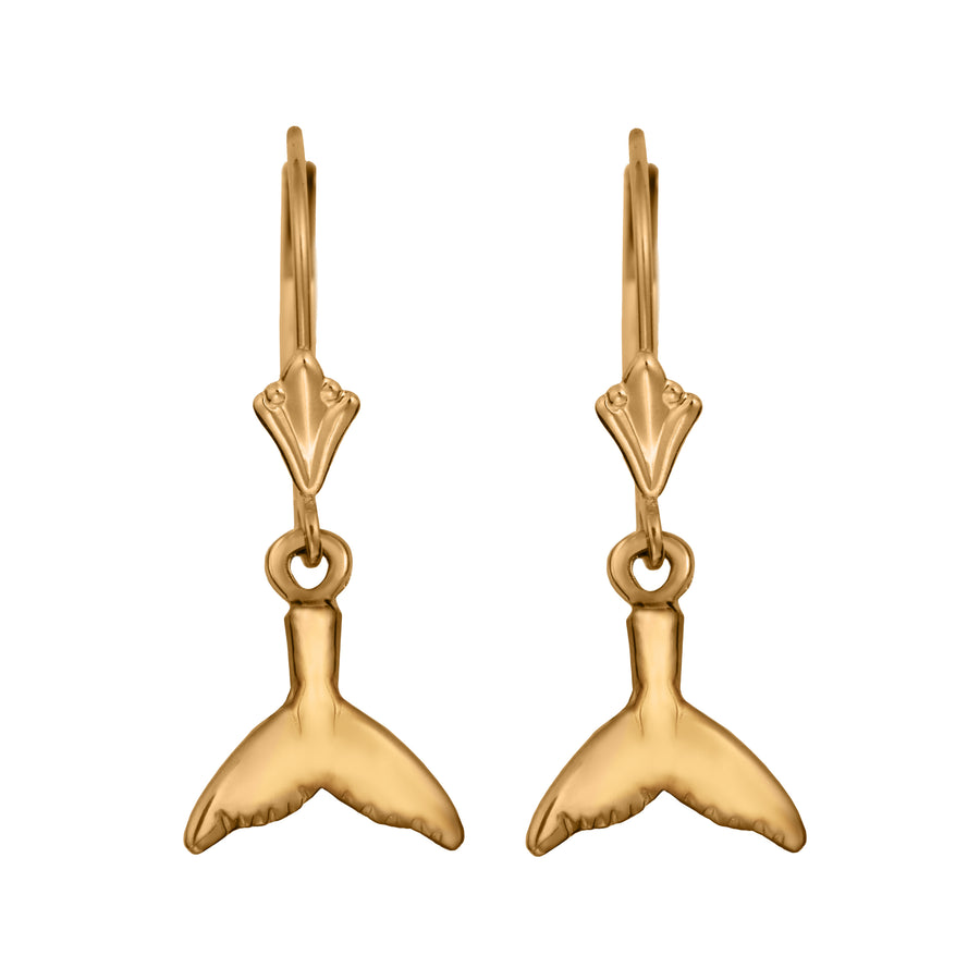 14K Solid Yellow Gold Whale Tail Drop Leverback Dangle Earrings