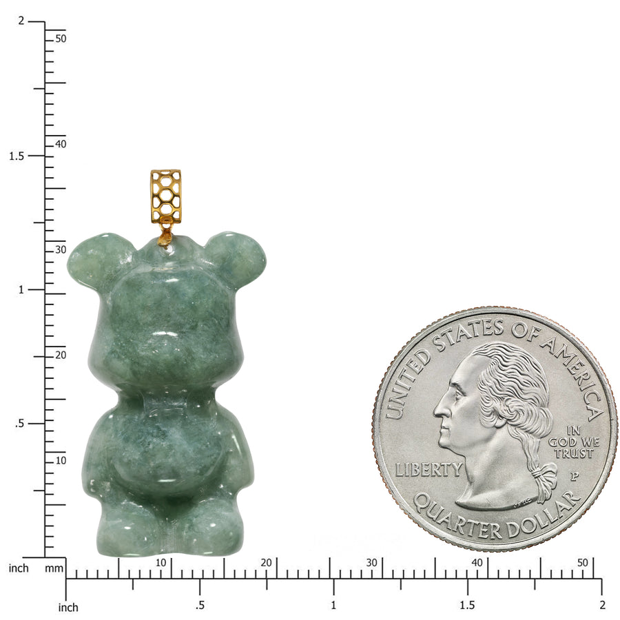 18K Solid Yellow Gold Natural Green Jade Teddy Bear Pendant