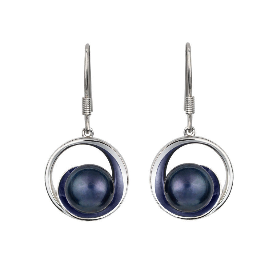 925 Sterling Silver Natural Black Freshwater Pearl Wave Dangle Earrings