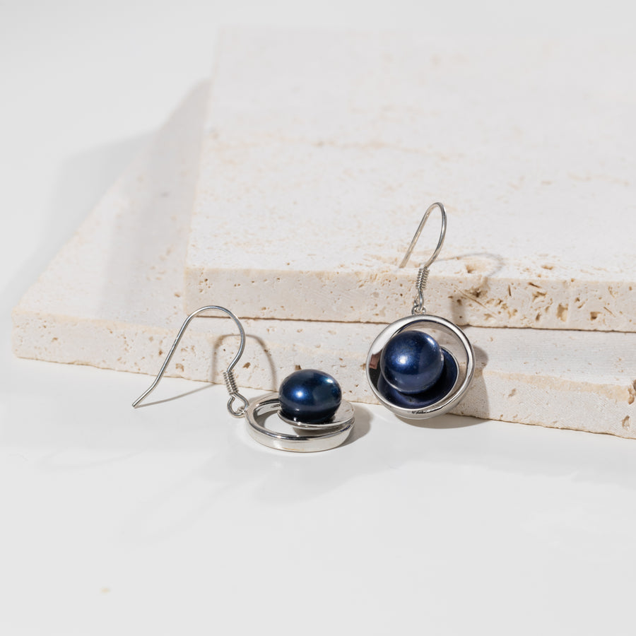 925 Sterling Silver Natural Black Freshwater Pearl Wave Dangle Earrings