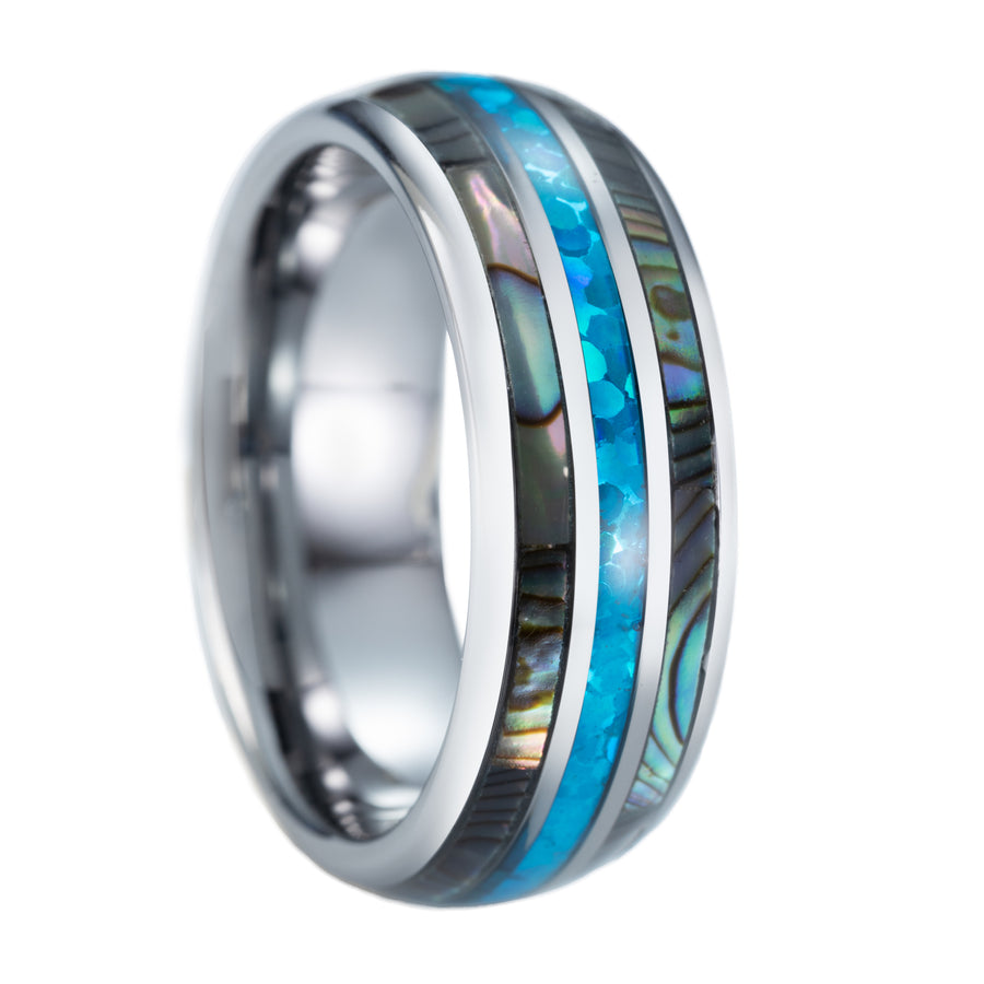 Tungsten Carbide Abalone Shell with Created Blue Opal Inlay 8mm Comfort Fit Ring / Wedding Band