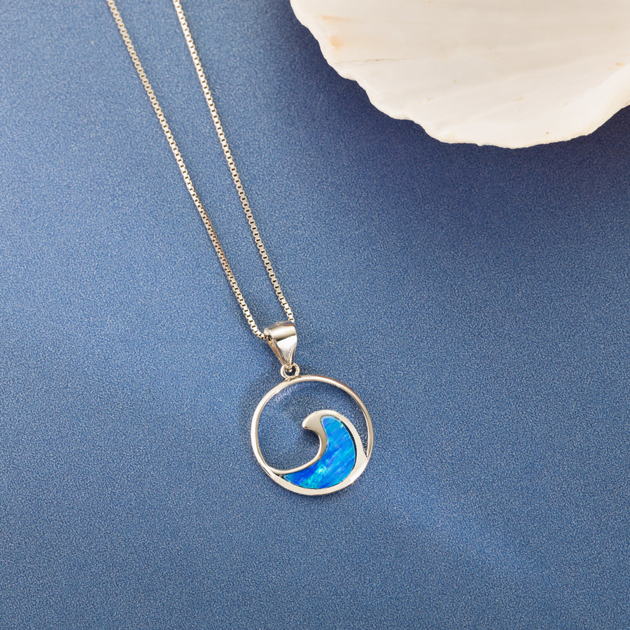 Sterling Silver Blue Opal Big Ocean Wave Necklace Pendant