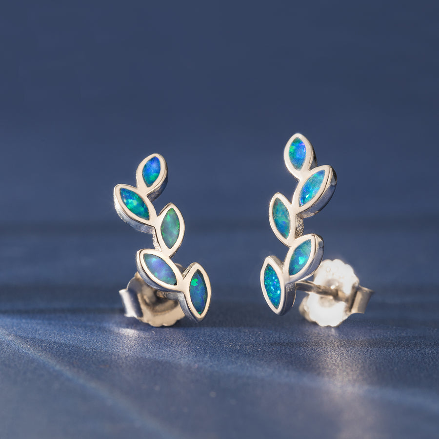 Sterling Silver Blue Opal Maile Leaf Stud Earrings