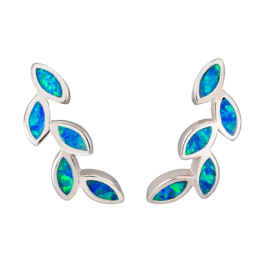 Sterling Silver Blue Opal Maile Leaf Stud Earrings