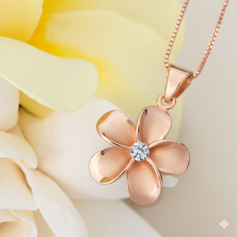 925 Sterling Silver 14K Rose-Gold Plated Plumeria Pendant with Cubic Zirconia (Rose-Gold)