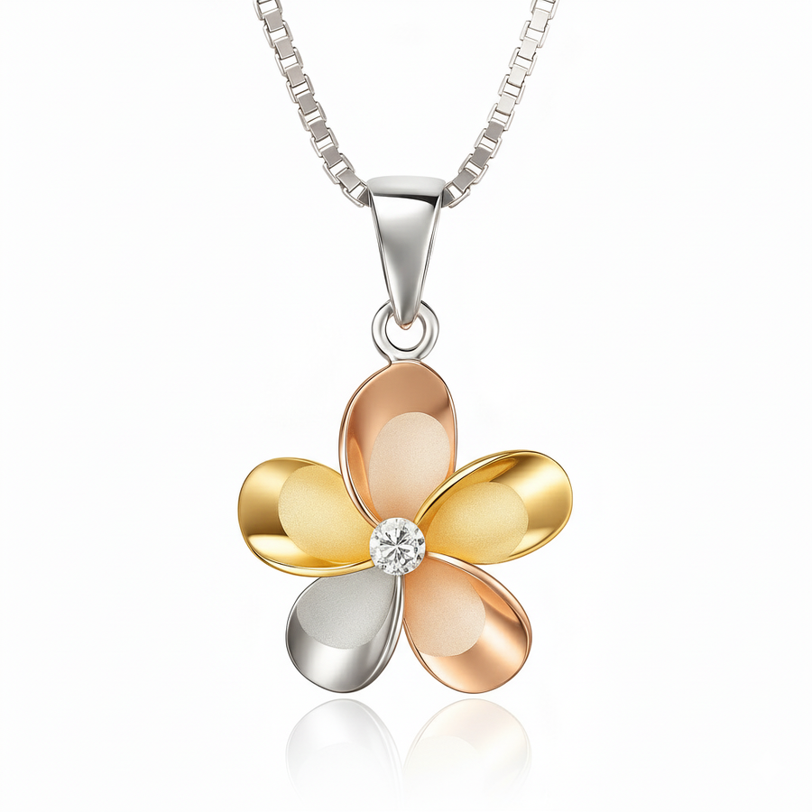 925 Sterling Silver 14K Gold Plated Tri-Color Plumeria Pendant with Cubic Zirconia