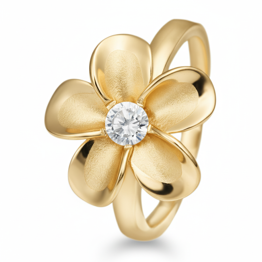 14K Yellow Gold Plated 925 Sterling Silver Hawaiian Plumeria Flower Ring – 15mm CZ