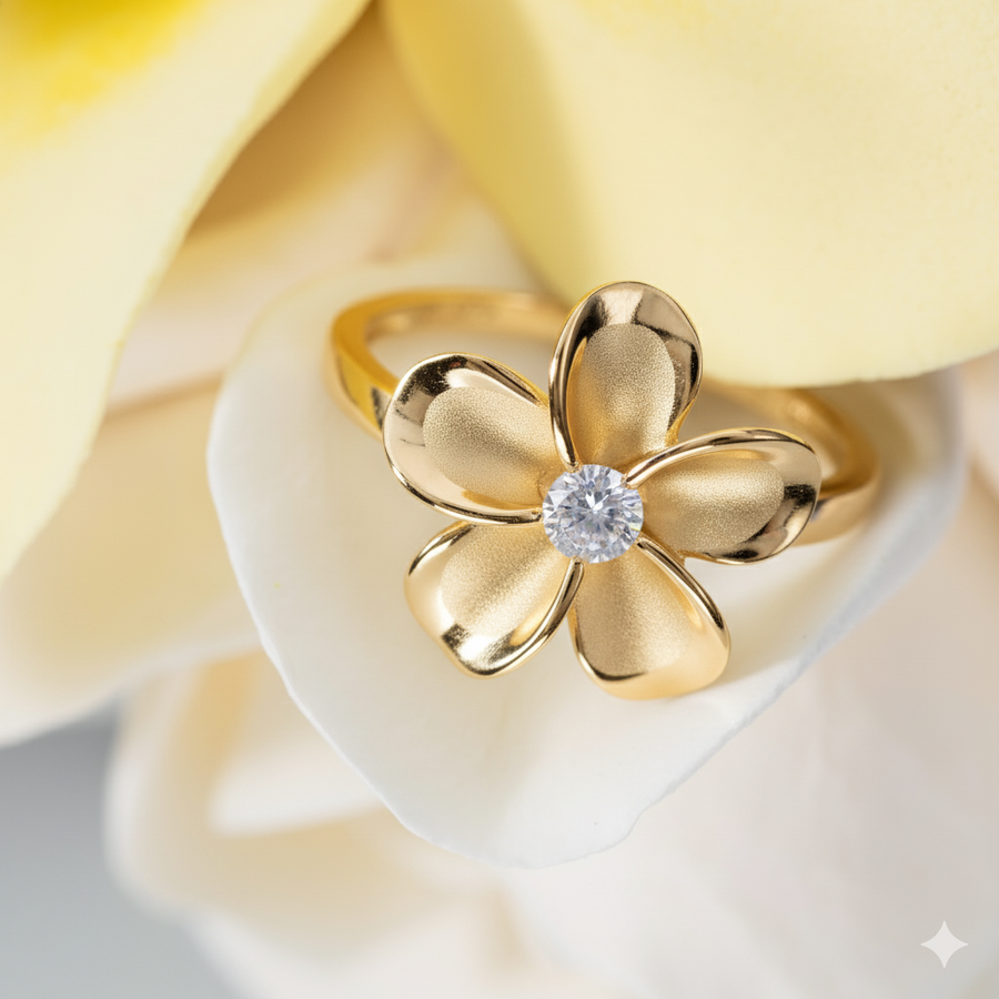 925 Sterling Silver & 14K Gold Plated Plumeria Flower Ring with Cubic Zirconia
