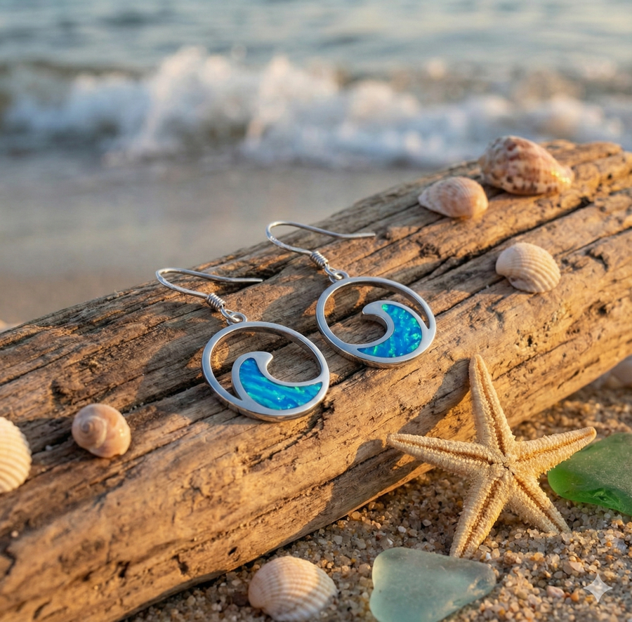Sterling Silver Blue Opal Wave Dangle Earrings