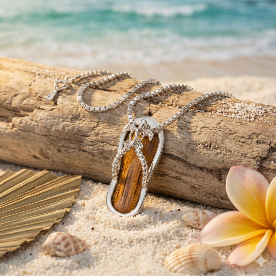 Sterling Silver Natural Koa Wood Turtle Flip Flop Slipper Pendant