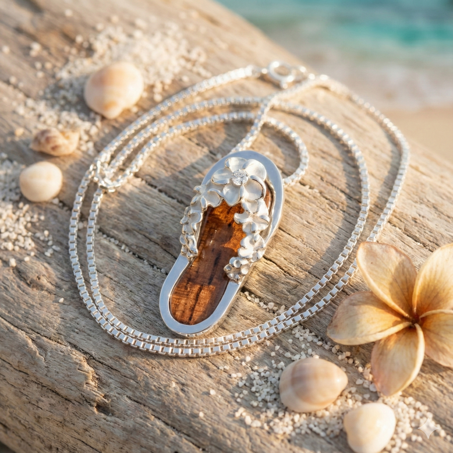 Sterling Silver Natural Koa Wood Plumeria Band Flip Flop Slipper Pendant with Cubic Zirconia