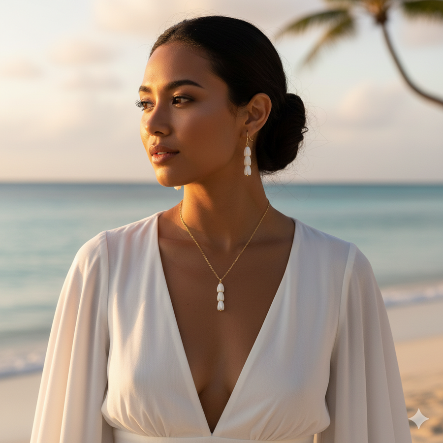 14K Gold Plated 925 Sterling Silver Mother of Pearl Pikake Flower Bud Triple Drop Necklace
