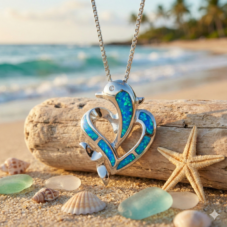 Sterling Silver Opal Dolphin Heart Pendant with Cubic Zirconia