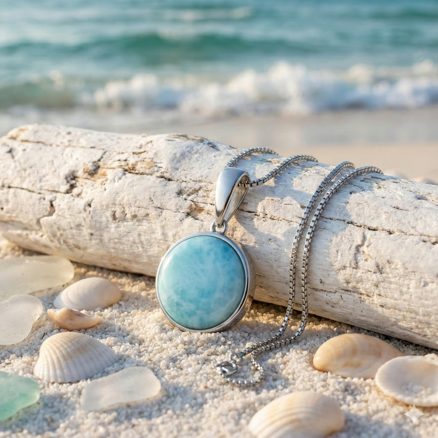 Sterling Silver Natural Larimar Circle Pendant