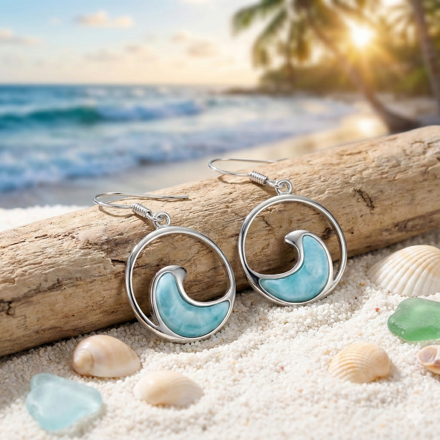 Sterling Silver Natural Larimar Wave Dangle Earrings